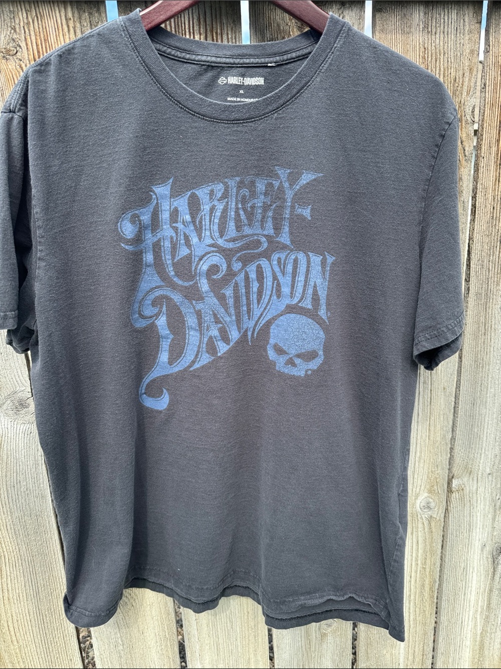 Harley-Davidson Black T-Shirt with Blue Script Logo and Skull
